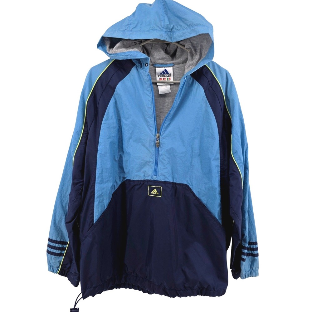 Adidas Mens Vintage 90s Pullover Windbreaker Jacket Half Zip Hood Lined Medium